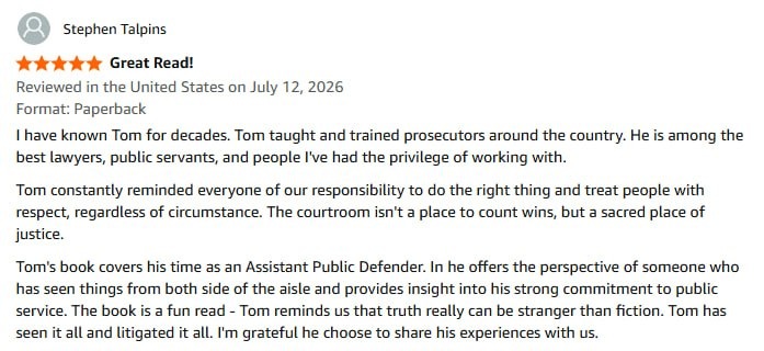 Amazon review by Stephen Talpins: five stars, titled Great Read!