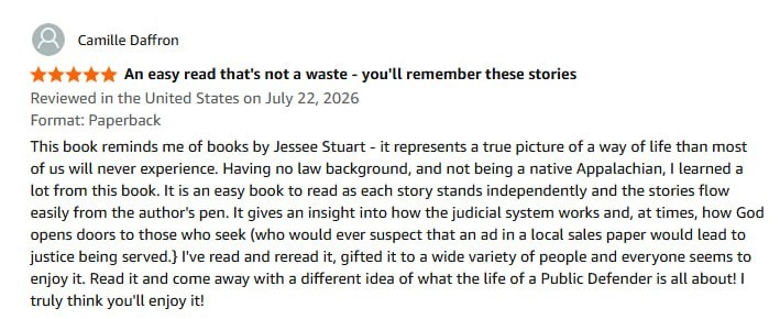 Amazon review by Camille Daffron: five stars, titled An easy read that's not a waste - you'll remember these stories
