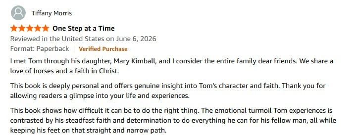 Amazon review by Tiffany Morris: five stars, titled One Step at a Time
